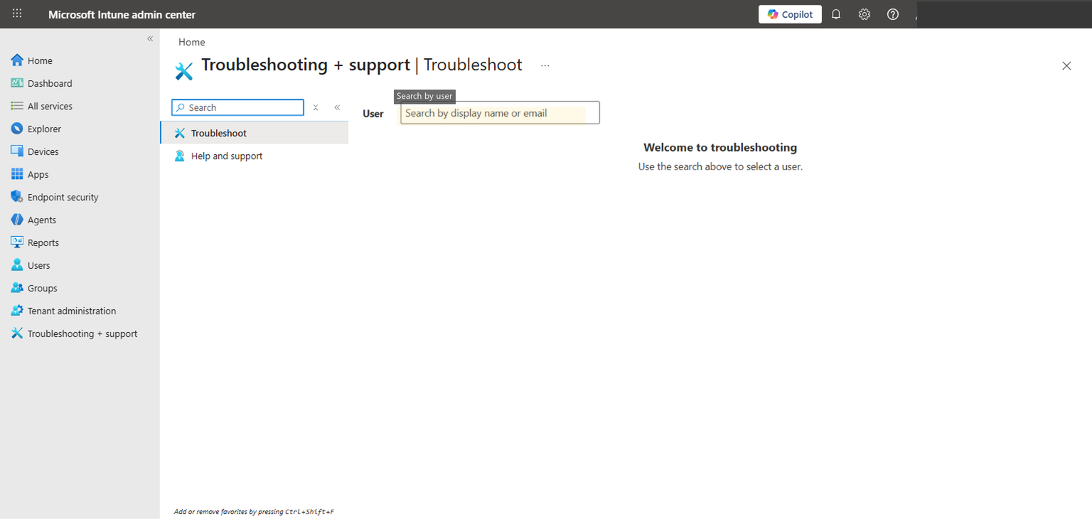 Troubleshooting + support page showing user search field