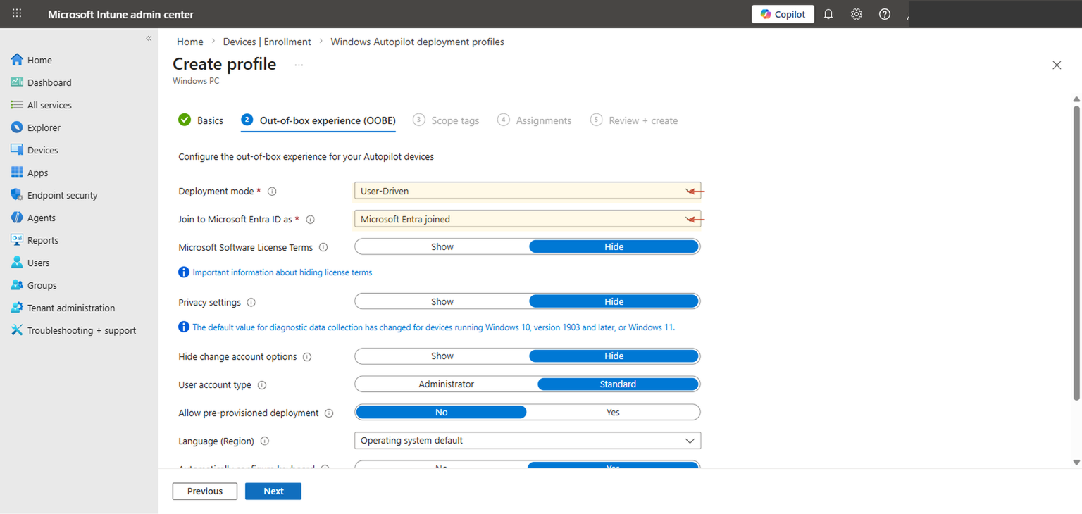 OOBE settings showing Deployment mode User-Driven and Join type Microsoft Entra joined